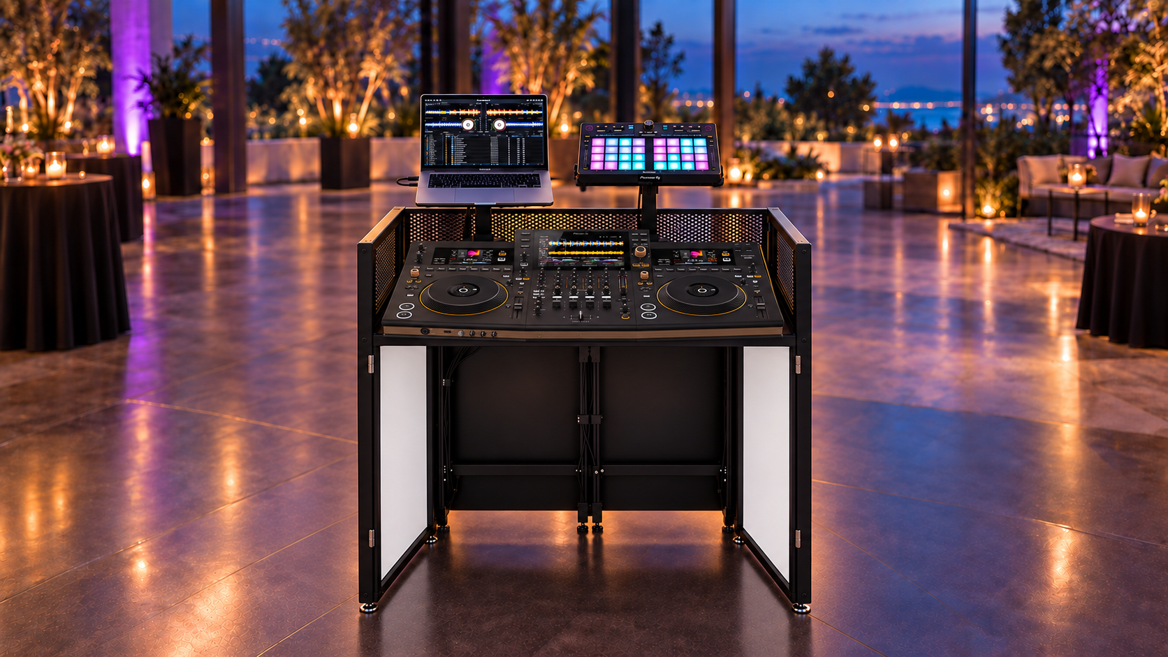 Compact booth setup concept, DJ-side view with OPUS-QUAD, DDJ-XP2, and MacBook Pro