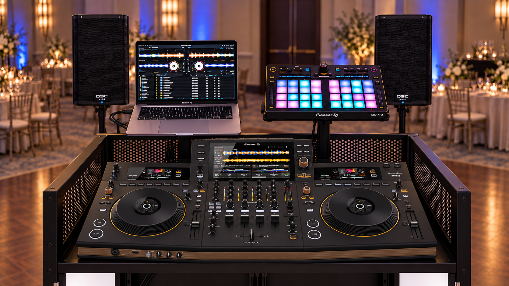 Complete DJ setup concept with OPUS-QUAD, DDJ-XP2, MacBook Pro 13-inch and QSC K12.2 speakers behind the compact booth