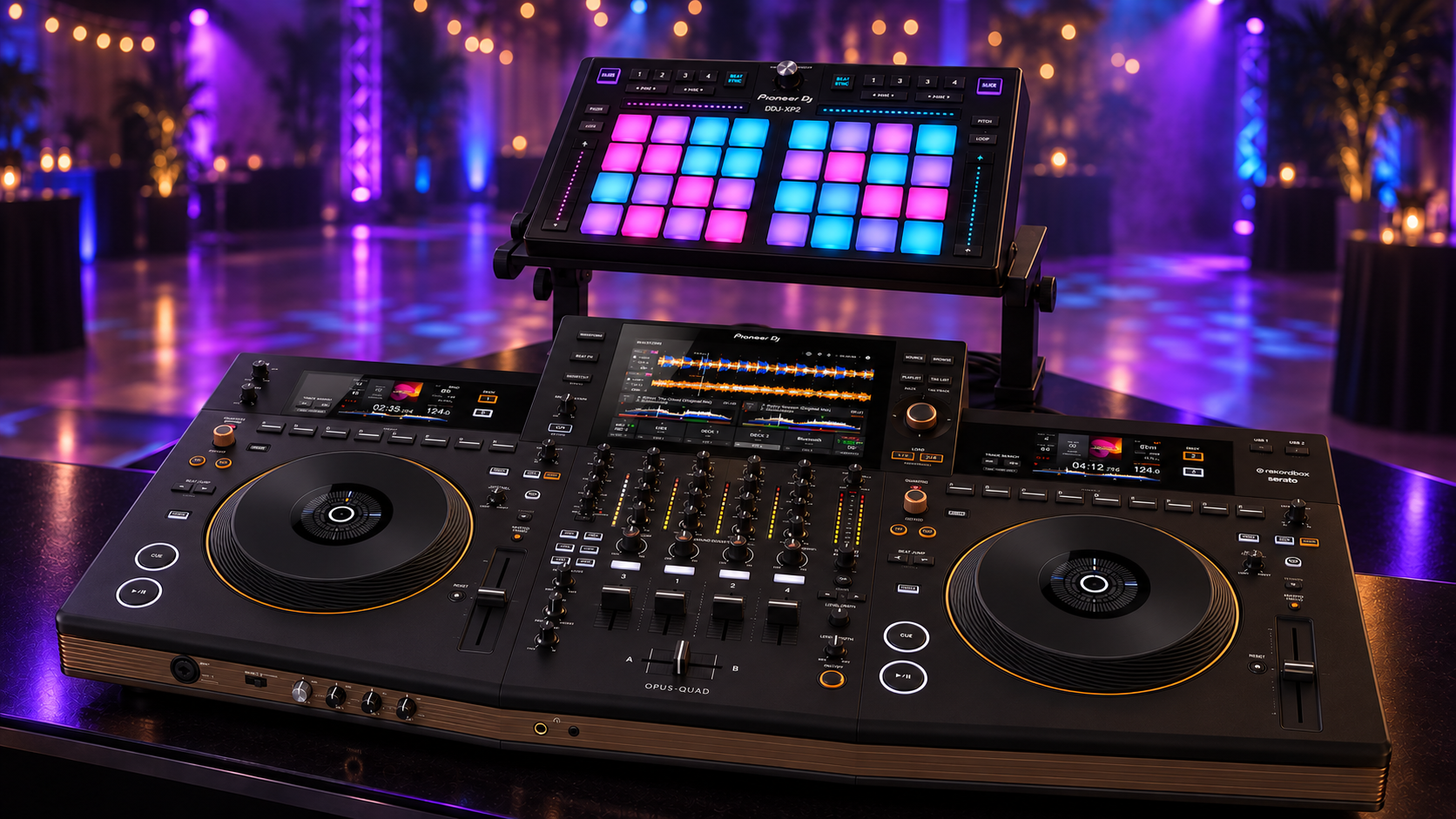 AI-created setup concept: OPUS-QUAD with DDJ-XP2 elevated on a stand, showing the controls